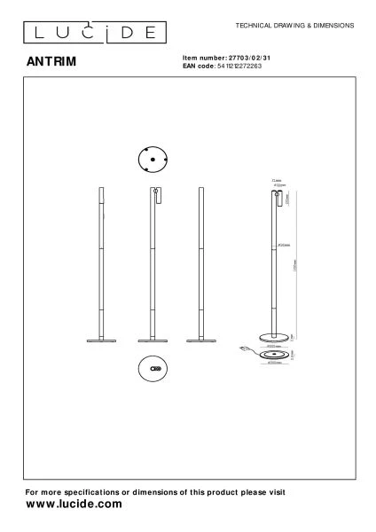 Lucide ANTRIM - Rechargeable Floor reading lamp Indoor/Outdoor - Battery pack - LED Dim. - 1x2,2W 2700K - IP54 - With wireless charging pad - White - technical